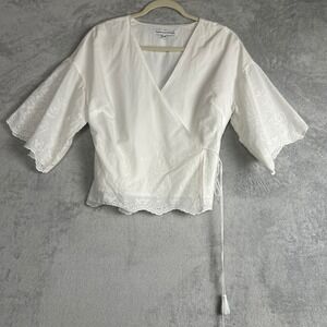 Cupcakes and Cashmere Blouse Top White Eyelet Embroidered Wrap Kimono Sleeve M